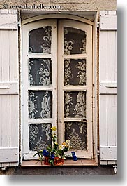 europe, fayence, flowers, france, old, provence, vertical, windows, photograph