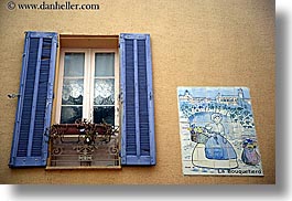 colors, europe, fayence, france, horizontal, provence, purple, tiled, walls, windows, photograph