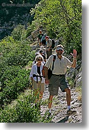 activities, europe, france, hikers, hiking, nature, people, plants, provence, trees, vertical, waving, photograph