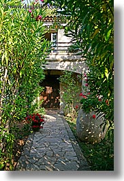 colors, europe, france, green, hotel des messugues, hotels, nature, paths, plants, provence, tiles, trees, vertical, photograph