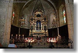 altar, buildings, candles, churches, europe, france, horizontal, materials, monestaries, moustiers, notre dame de beauvoir, provence, religious, slow exposure, st marie, stones, structures, photograph