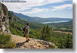 backpack, clothes, europe, france, horizontal, lakes, landscapes, men, moustiers, nature, provence, scenics, st marie, viewing, water, photograph