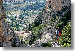 backpack, clothes, europe, france, horizontal, landscapes, men, moustiers, provence, scenics, st marie, viewing, photograph