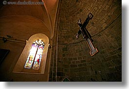 buildings, churches, crosses, europe, france, glasses, hangings, horizontal, jesus, materials, provence, religious, seillans, stained, stained glass, stones, structures, windows, photograph