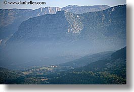 blues, colors, europe, fog, france, hills, horizontal, mountains, nature, provence, scenics, towns, trigance, valley, photograph