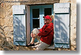 blues, clothes, colors, diane, emotions, europe, france, groups, happy, hats, horizontal, people, provence, red, tom diane smith, windows, womens, photograph