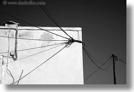 abstracts, amorgos, arts, black and white, europe, greece, horizontal, telephones, wires, photograph