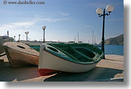 amorgos, boats, europe, greece, green, horizontal, lamp posts, red, white, photograph