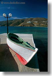 amorgos, boats, europe, greece, green, lamp posts, red, vertical, white, photograph