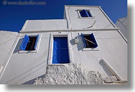 amorgos, blues, buildings, europe, greece, horizontal, houses, white, white wash, windows, photograph