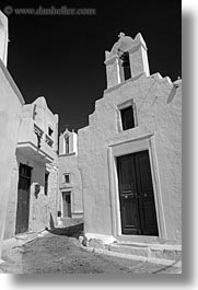 amorgos, bell towers, black and white, buildings, churches, doors, europe, greece, narrow, streets, structures, vertical, white, white wash, photograph