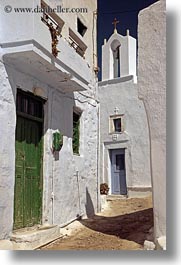 amorgos, bell towers, buildings, churches, doors, europe, greece, narrow, streets, structures, vertical, white, white wash, photograph