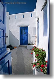 amorgos, blues, doors, doors & windows, europe, geraniums, greece, red, vertical, white wash, photograph