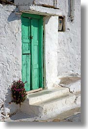 amorgos, doors, doors & windows, dried, europe, flowers, greece, green, vertical, white wash, photograph