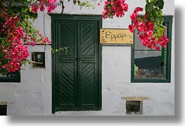 amorgos, bougainvilleas, doors, doors & windows, europe, flowers, greece, green, horizontal, nature, red, photograph