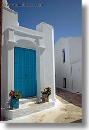 amorgos, blues, doors, doors & windows, europe, geraniums, greece, lights, vertical, photograph