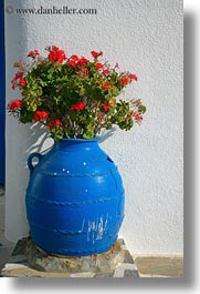 amorgos, blues, europe, flowers, geraniums, greece, vases, vertical, photograph