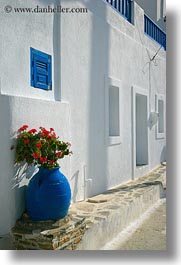 amorgos, blues, europe, flowers, geraniums, greece, vases, vertical, white wash, photograph