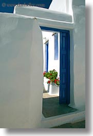 amorgos, blues, doors, europe, flowers, geraniums, greece, vertical, photograph