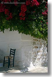 amorgos, bougainvilleas, chairs, europe, flowers, greece, green, red, vertical, white wash, photograph