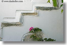 amorgos, europe, flowers, geraniums, greece, horizontal, nature, pink, stairs, white wash, photograph