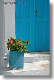 amorgos, blues, doors, europe, flowers, geraniums, greece, nature, pink, vertical, photograph