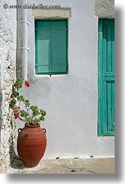 amorgos, europe, flowers, geraniums, greece, green, red, shutters, vertical, windows, photograph