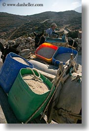 amorgos, buckets, colorful, donkeys, europe, greece, sand, vertical, photograph