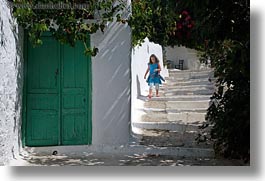 amorgos, doors, europe, girls, greece, green, horizontal, people, stairs, walking, photograph