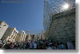 acropolis, athens, crowds, europe, greece, horizontal, nature, scaffolding, sky, structures, sun, tourists, photograph