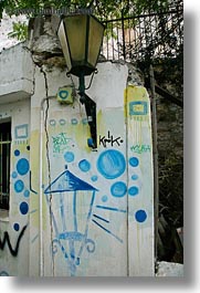 arts, athens, europe, graffiti, greece, lamp posts, vertical, photograph