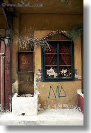 athens, europe, faux, greece, lamp posts, vertical, windows, photograph