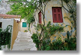 aqua, athens, europe, greece, horizontal, ivy, red, stairs, windows, photograph