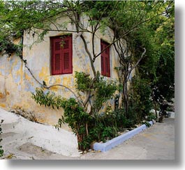 athens, europe, greece, green, horizontal, ivy, red, windows, photograph