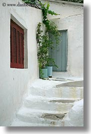 athens, europe, greece, plants, stairs, vertical, white wash, windows, photograph