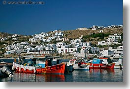blues, boats, buildings, europe, greece, horizontal, mykonos, red, structures, tops, photograph