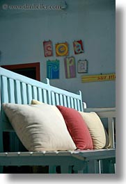 benches, blues, chairs, europe, greece, mykonos, pillows, vertical, photograph