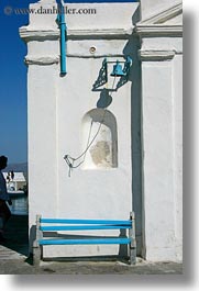 bells, benches, blues, churches, europe, greece, mykonos, pipes, vertical, white wash, photograph