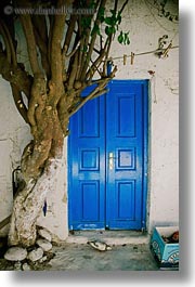 blues, doors, europe, greece, mykonos, trees, vertical, photograph