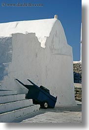 barrow, europe, greece, mykonos, stairs, vertical, wheels, white wash, photograph