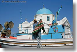 blues, boats, churches, colors, domes, europe, greece, horizontal, men, mykonos, people, photograph
