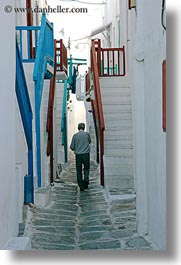 europe, greece, men, mykonos, stairs, vertical, walking, white wash, photograph