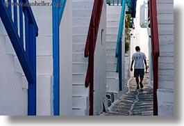 europe, greece, horizontal, men, mykonos, stairs, walking, white wash, photograph