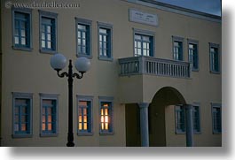 buildings, europe, greece, horizontal, lamp posts, naxos, reflections, sunsets, windows, photograph