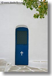 blues, churches, crosses, doors, europe, greece, leaves, naxos, religious, vertical, white wash, photograph