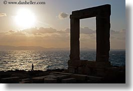 apollo, arches, architectural ruins, buildings, clouds, europe, greece, hikers, horizontal, nature, naxos, ocean, silhouettes, sky, structures, sun, sunsets, temple of apollo, photograph