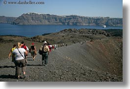 caldron, europe, greece, hikers, horizontal, santorini, photograph