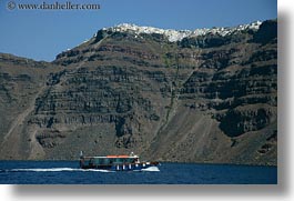 boats, cliffs, europe, greece, horizontal, santorini, scenics, towns, photograph