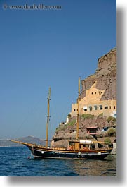 architectural ruins, boats, cliffs, europe, greece, santorini, scenics, vertical, photograph