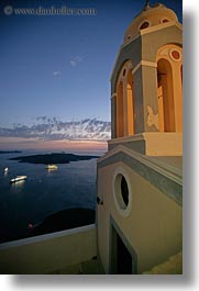bay, churches, dusk, europe, greece, santorini, scenics, ships, sunsets, vertical, photograph